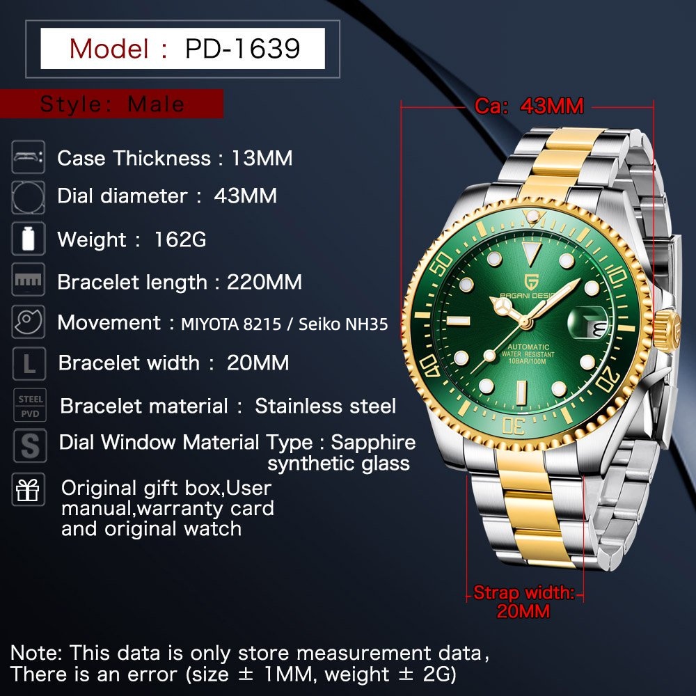 PAGANI Design PD1639 Men Autom - Rolex Watch Submariner 评论和价格